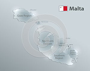 Malta map and flag, Current regions, separates regions and names, design glass card 3D