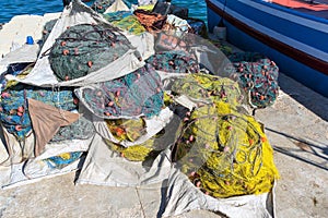 Malta, Marsaxlokk, August 2019. Fishing nets are drying at the pier.