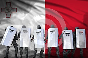 Malta protest stopping concept, police officers protecting peaceful people against mutiny - military 3D Illustration on flag