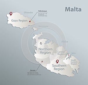 Malta regions map with names, blue white card paper 3D