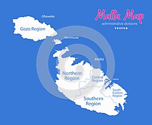 Malta regions map whit names, blue background