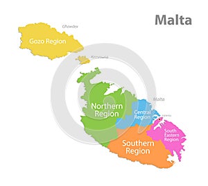 Malta regions map whit names, isolated on white background