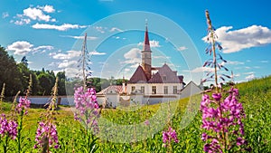 Maltese ancient castle in summer. Landscape with old Priory castle. Russia. Gatchina city.