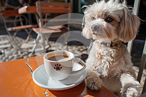 maltese with a decaf on a sunny cafe patio