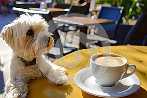 maltese with a decaf on a sunny cafe patio