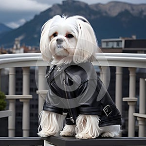 maltese dog with a black leather jacket