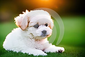 Maltese dog, pet, white maltese puppy in garden, generative ai, summeritme