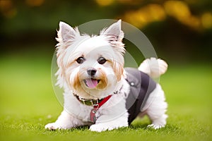 Maltese dog, pet, white maltese puppy in garden, generative ai, summeritme