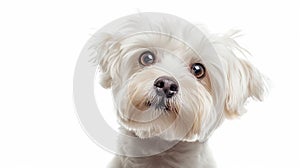 Maltese dog portrait isolated on white background. Domestic dog