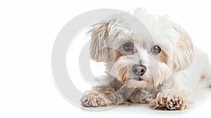 Maltese dog portrait isolated on white background. Domestic dog