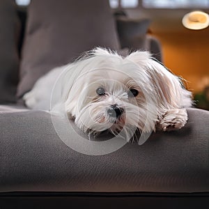 Maltese dog resting on the sofa, AI generated