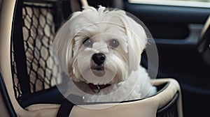 A Maltese dog sitting in a carrier ready for a car ride created with Generative AI