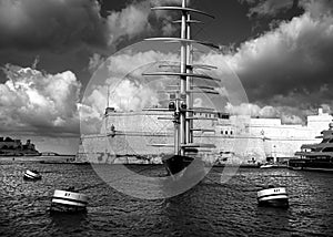 Maltese embankments. Valletta. Black and white photo