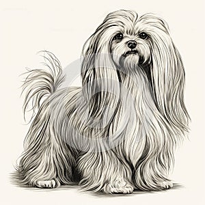 Maltese, engaving style, close-up portrait, black and white drawing, photo