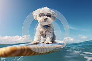 Maltese Surfer Chic: Sunglassed Pup Hangs Ten on the Ocean Waves - Generative AI