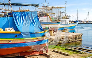 Maltese traditional Luzzu boat, Marsaxlokk, Malta. Detail