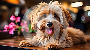 A Maltipoo rests on a groomers table