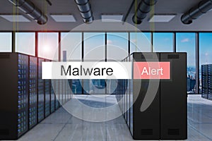 Malware alert in red search bar large modern server room skyline view, 3D Illustration