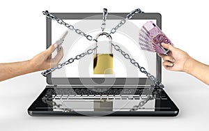 Malware attack concept padlock with money