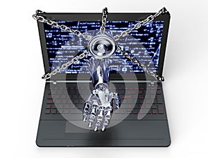 Malware attack concept padlock with robothand