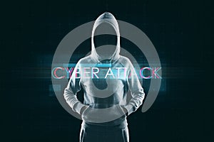 Malware concept with digital cyber attack sign on background with faceless person in hoodie