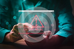 Malware concept with person using smartphone and computer, hack password and personal data. cybercriminals, hackers, Viruses,