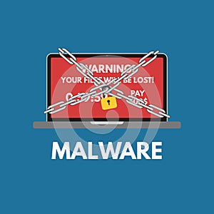 Malware cyber attack. Red alert notification and padlock with chain on laptop . Ransowmare virus encrypted files. Flat