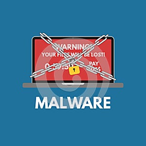 Malware cyber attack. Red alert notification and padlock with chain on laptop . Ransowmare virus encrypted files. Flat photo