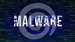 Malware - Glitched Title with Digital Binary Code on Dark Blue
