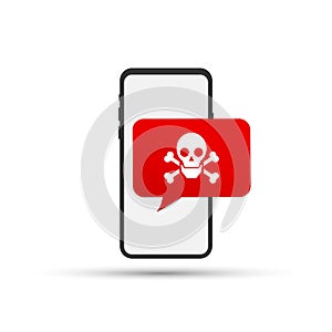 Malware notification on smartphone. Mobile phone with skull bones bubble speech red alert, concept of spam data.