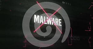 Malware text image over dark background with binary code