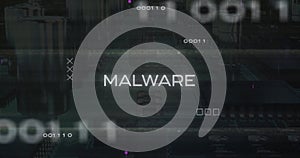 Malware text image over digital data and binary coding background