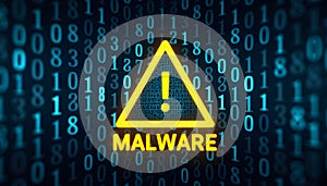 Malware warning sign against a backdrop of binary code, symbolizing digital threats