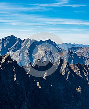 Maly Javorovy stitt, Javorove veze, Rysy and few other peaks of High Tatras and Western Tatras mountains on the background from