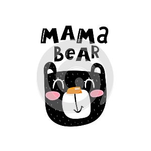 Mama bear. caricature bear with hand drawing lettering. Flat vector illustration for kids.