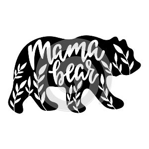 Mama bear silhouette with leaves. Kids poster for nursery. Mothers Day card.