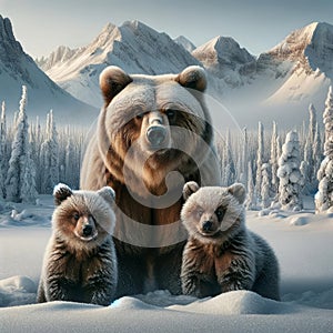 Mama Family Grizzly Bears Woodland Snowy Winter Forest Scene Mountains Trees AI Generated