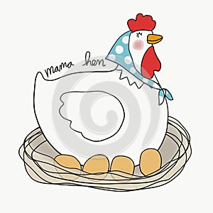 Mama hen and egg cartoon watercolour painting