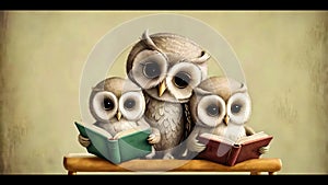 Mama owls reading a story to baby owls