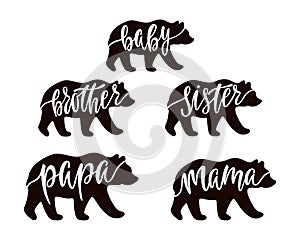 Mama, papa, baby, brother, sister bear. Hand drawn typography phrases