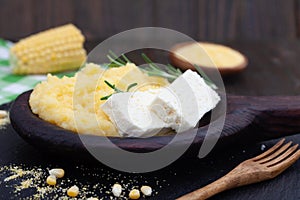 Mamaliga or polenta porridge made out of yellow maize flour.