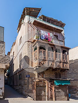 Mamluk era style oriel window with interleaved wooden grid - Mashrabiya, at historic Sokkar House, Bab Al Wazir district