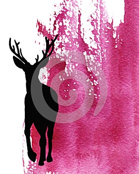 Mammal animal, silhouette of an elk, deer on abstract watercolor purple background. Closeup watercolor hand drawn illustration for