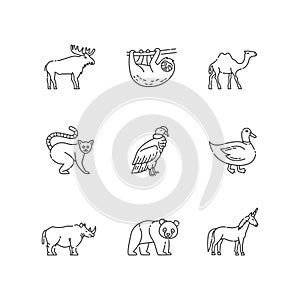 Mammals and birds pixel perfect linear icons set