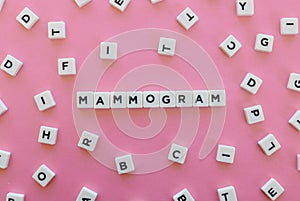 Mammogram word made of square letter word on pink background.