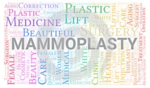 Mammoplasty typography word cloud create with the text only. Type of plastic surgery