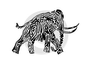 Mammoth animal decorative vector illustration painted by ink, hand drawn grunge cave painting, black isolated walking elephant