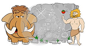 Mammoth explains paleo diet using a food pyramid drawn on stone