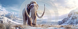 mammoth in ice age in mountainous winter landscape, banner