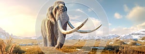 mammoth with long tusks in the ice age, banner